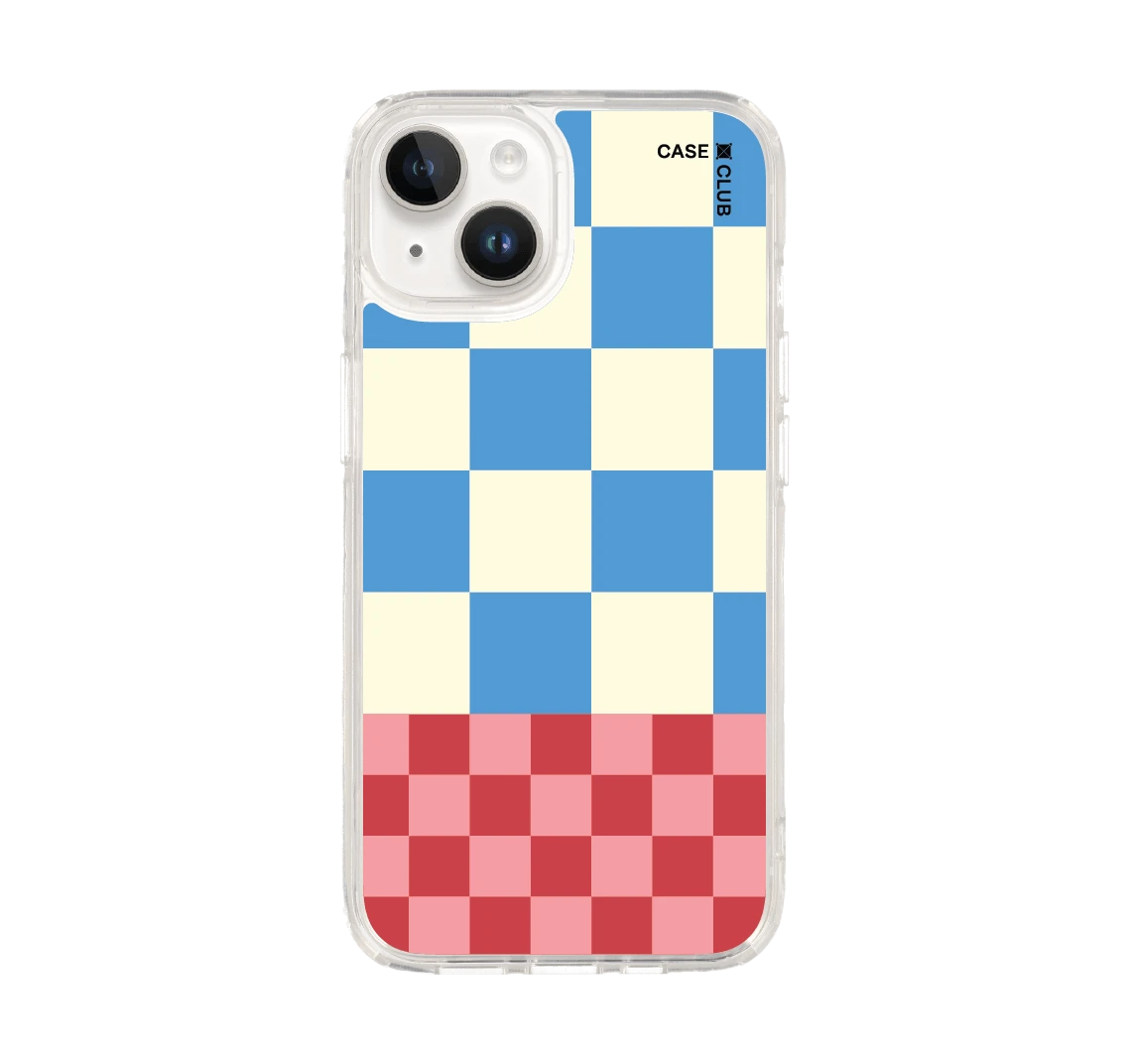 iphone 14 clear case blue & red collage grid pattern